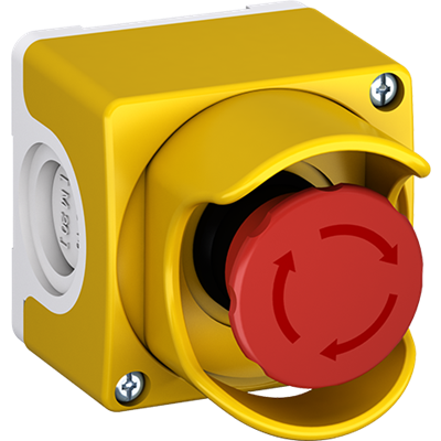 ABB Controls 22mm Non-Illuminated E-Stop w/ Enclosure; Red Mushroom - 40mm w/ Shroud; Standard - Plastic; 2NC; Turn-to-Reset